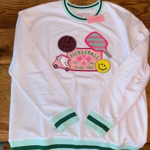 Simply Southern Pickleball Sweatshirt with Detailed Patchwork & Sequence Design.